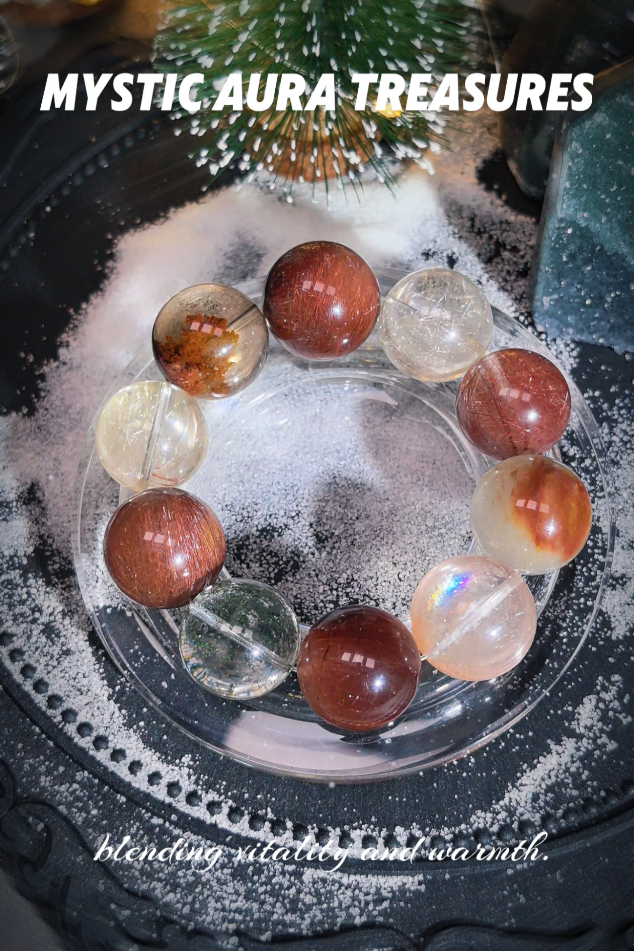 Multi-Crystal Bracelet with Rabbit Hair, Rutilated Quartz, and Phantom Crystals, 21-22mm Beads