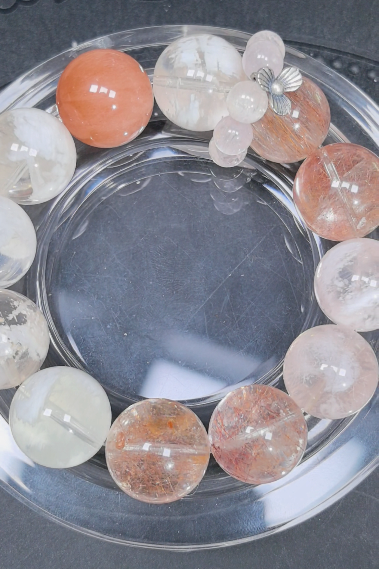 Natural Phantom, Hair Quartz, Rutilated Quartz, and Lepidolite Bracelet, 16-17mm Beads