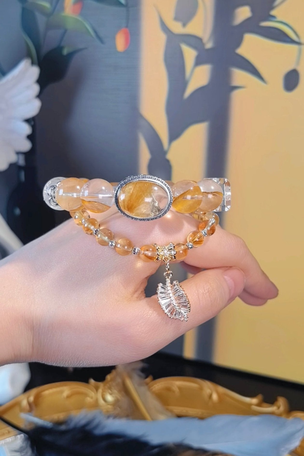 Golden Rutilated Quartz & Yellow Flower Agate Crystal Bracelet