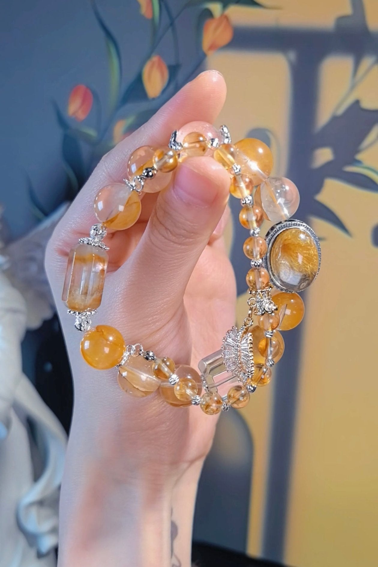 Golden Rutilated Quartz & Yellow Flower Agate Crystal Bracelet