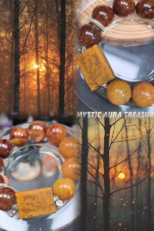 Natural Gradient Resin Flower Crystal and Copper Rutilated Quartz Bracelet, 16mm Beads