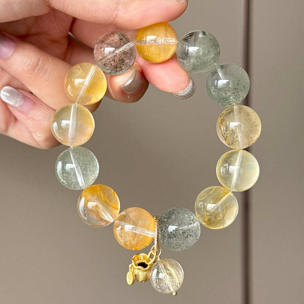 Tree Flower Agate, Yellow Flower Agate & Phantom Quartz Crystal Bracelet — quiet warmth, One of a Kind
