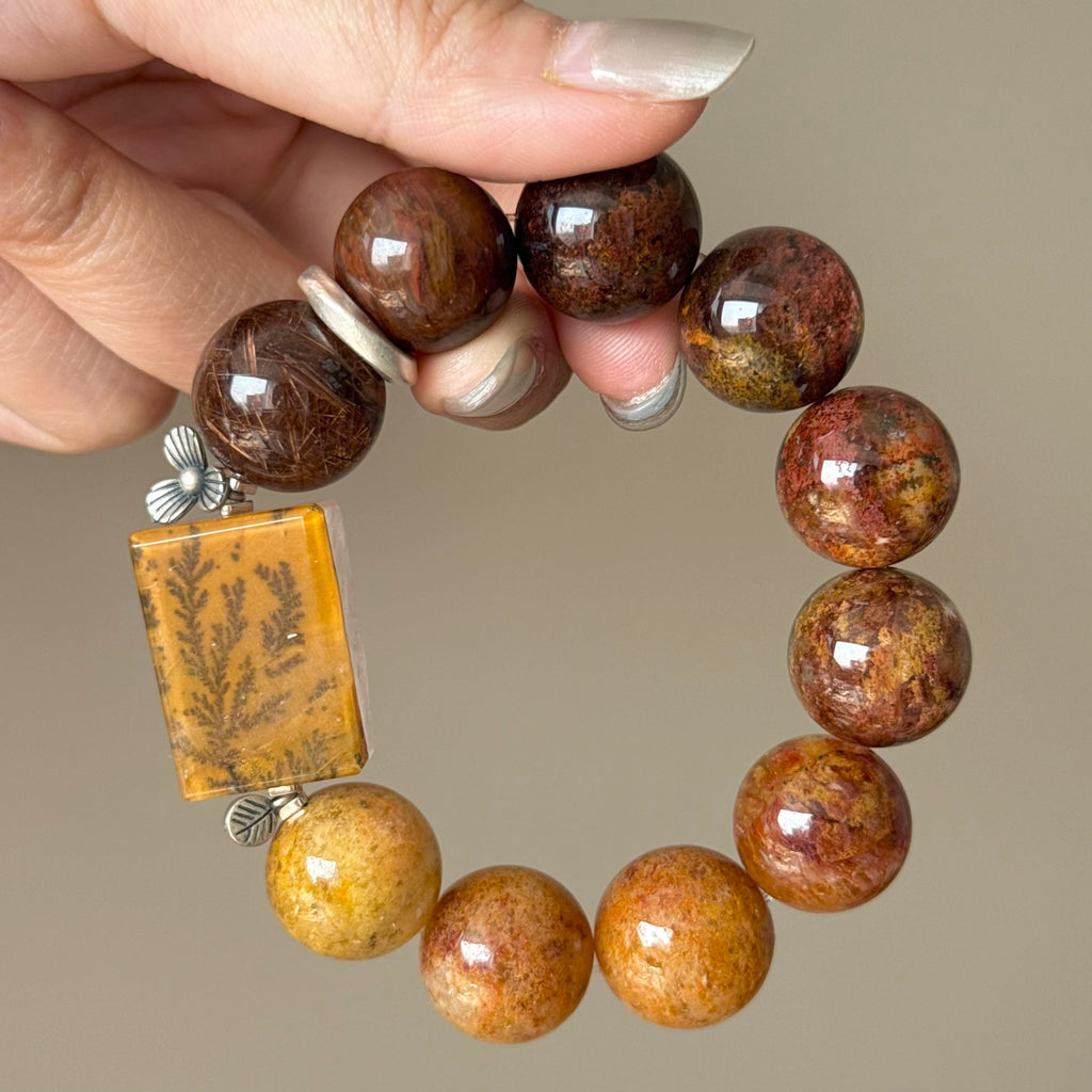 Yellow Rabbit Hair Quartz, Rabbit Hair Quartz & Tree Flower Agate Crystal Bracelet — soft radiance, One of a Kind