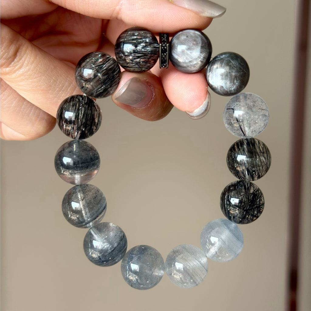 Rabbit Hair Quartz & Black Rutilated Quartz Crystal Bracelet — natural character, One of a Kind
