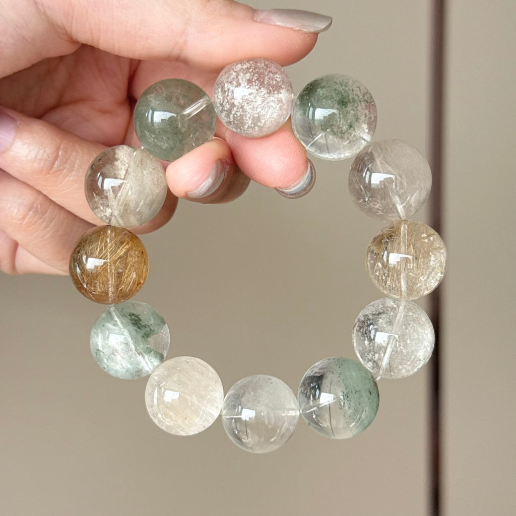 Phantom Quartz & Golden Rutilated Quartz Crystal Bracelet — quiet warmth, One of a Kind