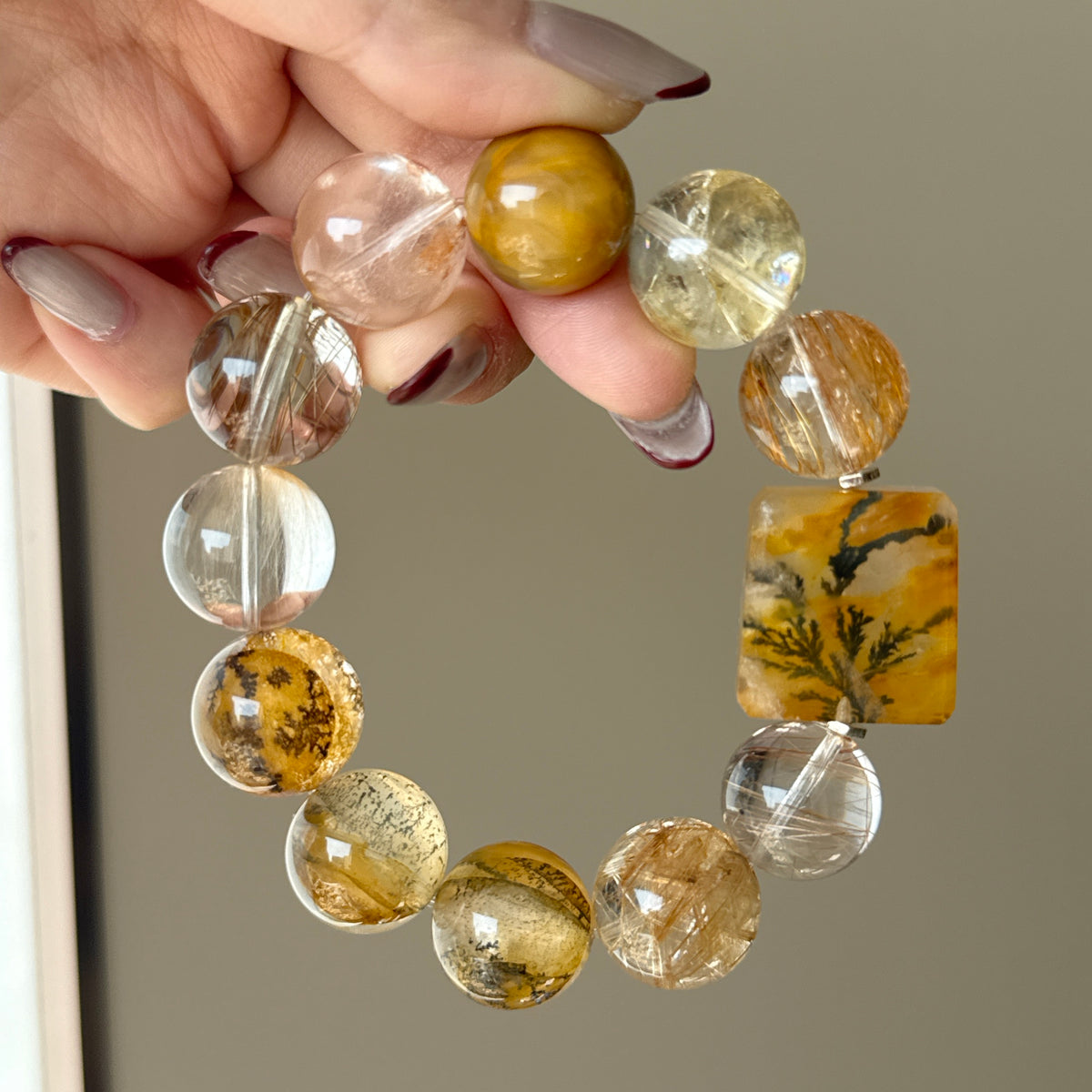 Tree Flower Agate, Golden Rutilated Quartz & Rabbit Hair Quartz Crystal Bracelet — soft radiance, One of a Kind