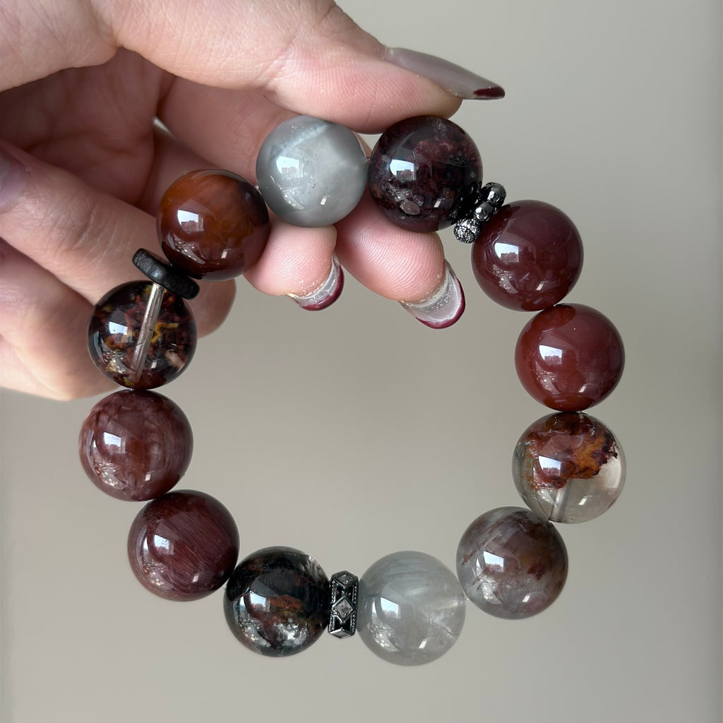 Rabbit Hair Quartz & Phantom Quartz Crystal Bracelet — quiet warmth, One of a Kind