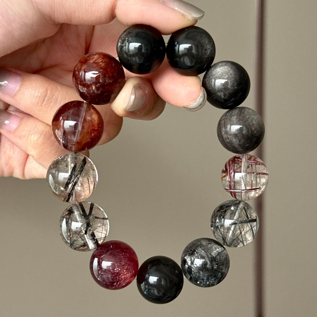Red Flower Agate & Black Rutilated Quartz Crystal Bracelet — quiet warmth, One of a Kind