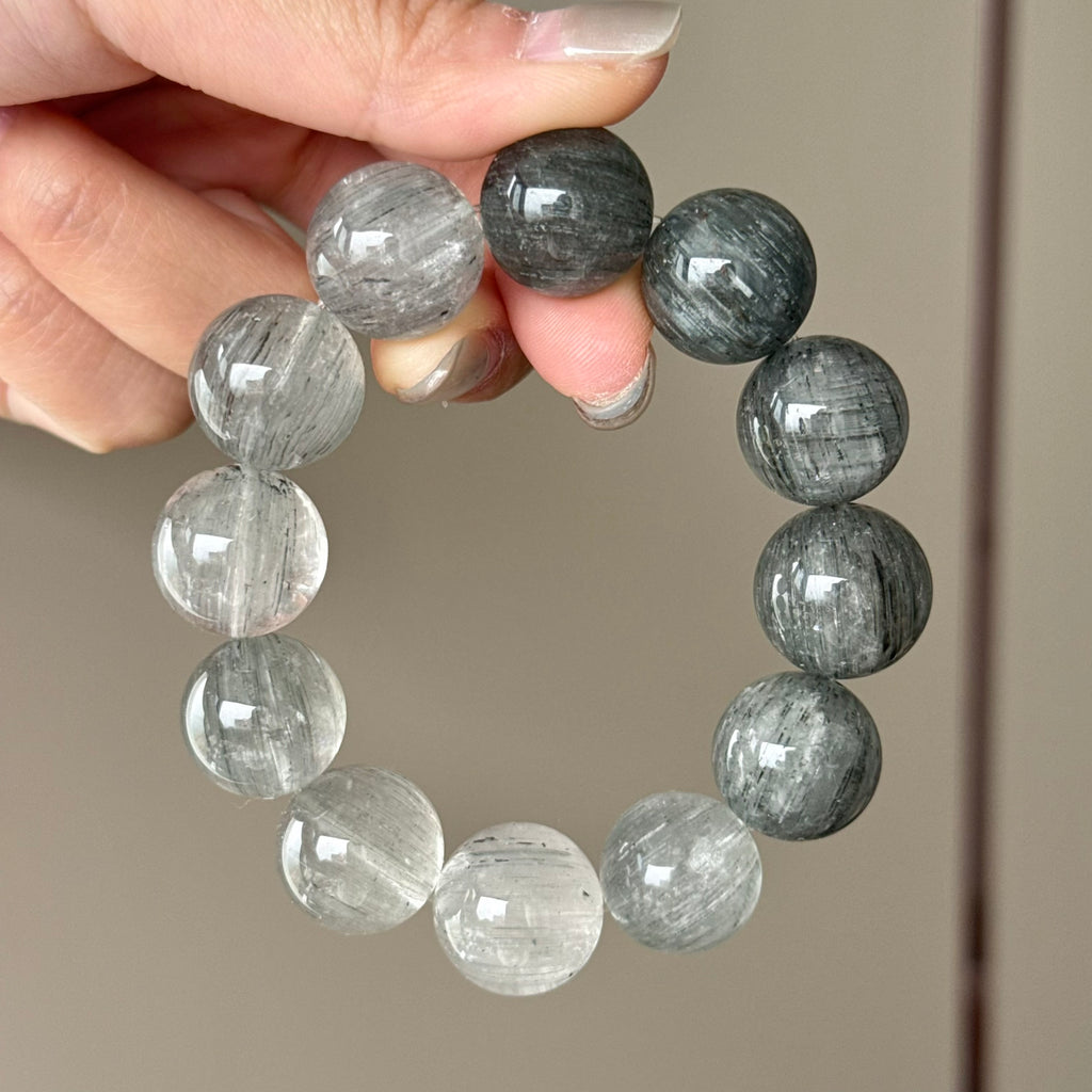 Rabbit Hair Quartz & Natural Jade Crystal Bracelet — natural character, One of a Kind