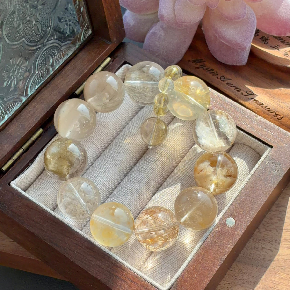 Yellow Rabbit Hair Quartz & Phantom Quartz Crystal Bracelet — quiet warmth, One of a Kind