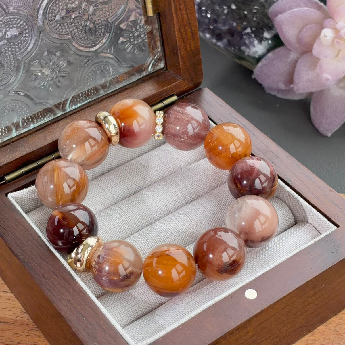 Iridescent Rabbit Hair Quartz & Yellow Rabbit Hair Quartz Crystal Bracelet — soft radiance, One of a Kind