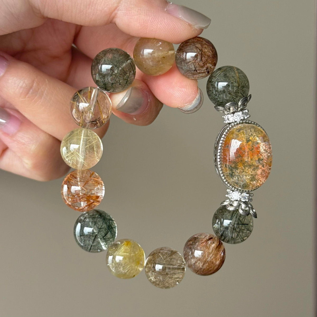 Multicolor Rabbit Hair Quartz & Monet Phantom Quartz Crystal Bracelet — quiet warmth, One of a Kind