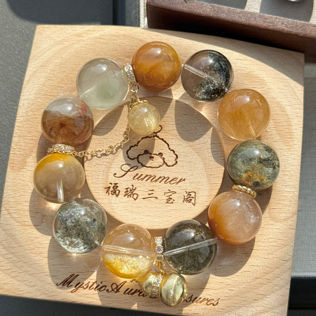 Phantom Quartz, Golden Rutilated Quartz & Yellow Rabbit Hair Quartz Crystal Bracelet — quiet warmth, One of a Kind