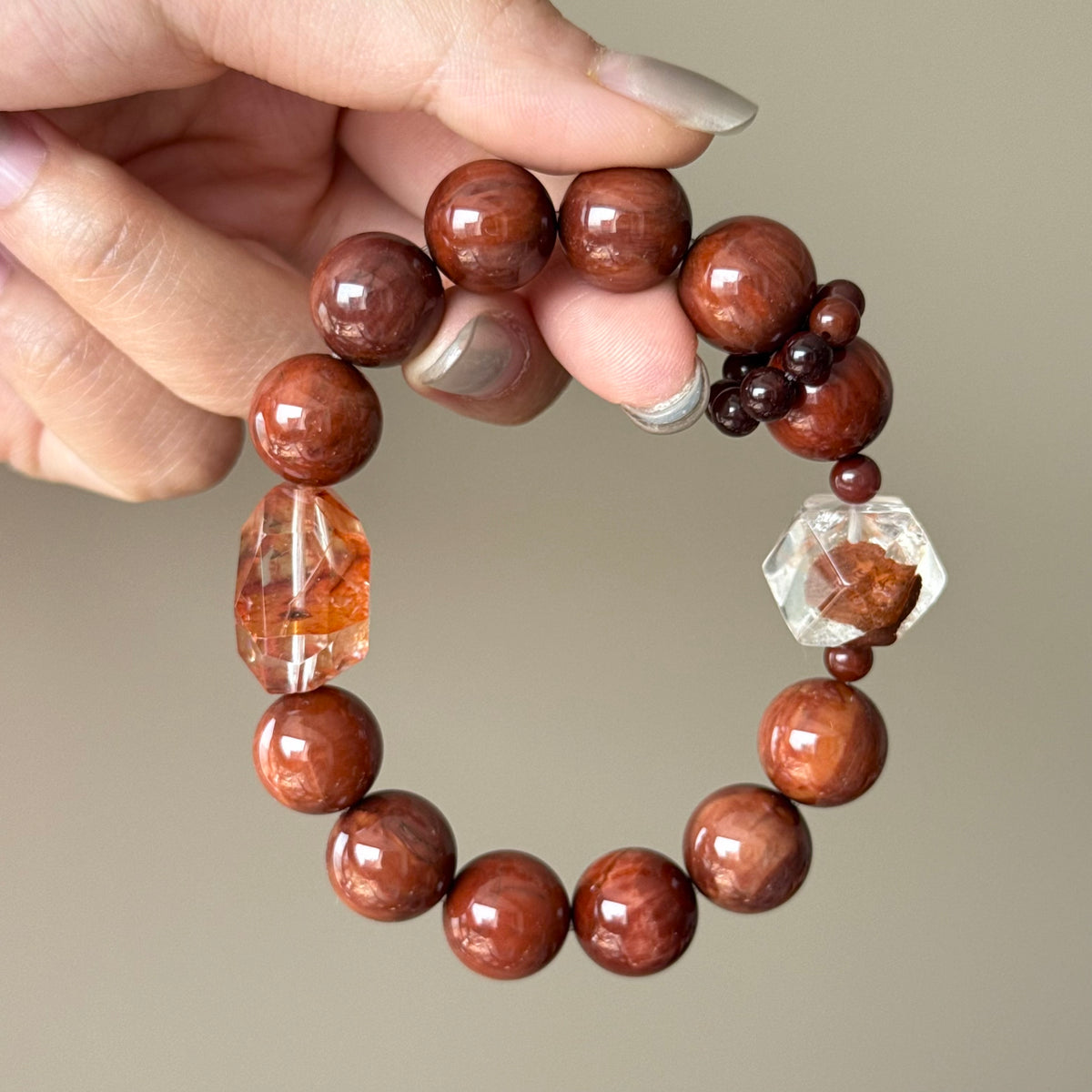 Rabbit Hair Quartz & Red Flower Agate Crystal Bracelet — quiet warmth, One of a Kind