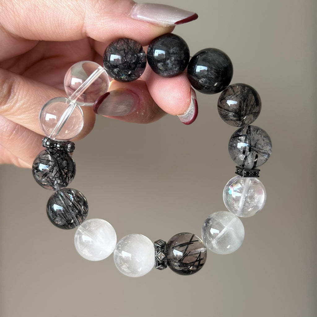 Black Rutilated Quartz & Rabbit Hair Quartz Crystal Bracelet — natural character, One of a Kind