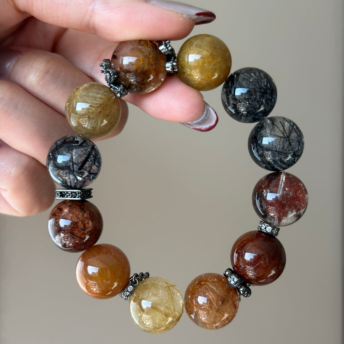 Black Rutilated Quartz, Copper Rutilated Quartz & Phantom Quartz Crystal Bracelet — quiet warmth, One of a Kind
