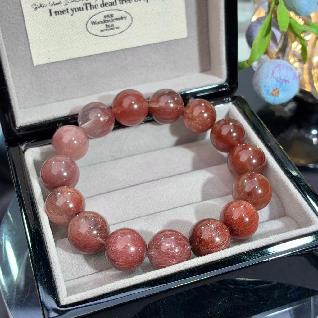Red Wire Rabbit Hair Quartz & Red Rutilated Quartz Crystal Bracelet — quiet warmth, One of a Kind