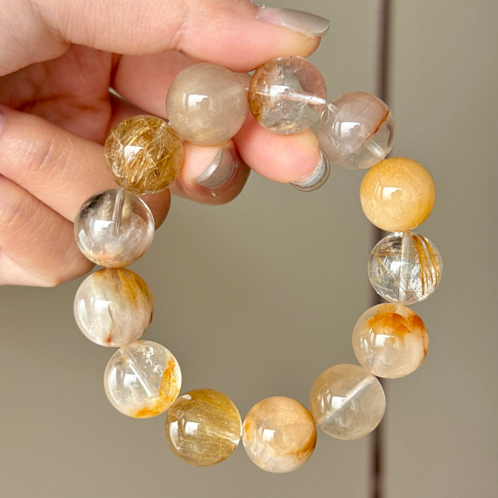 Yellow Rabbit Hair Quartz, Golden Rutilated Quartz & Phantom Quartz Crystal Bracelet — quiet warmth, One of a Kind