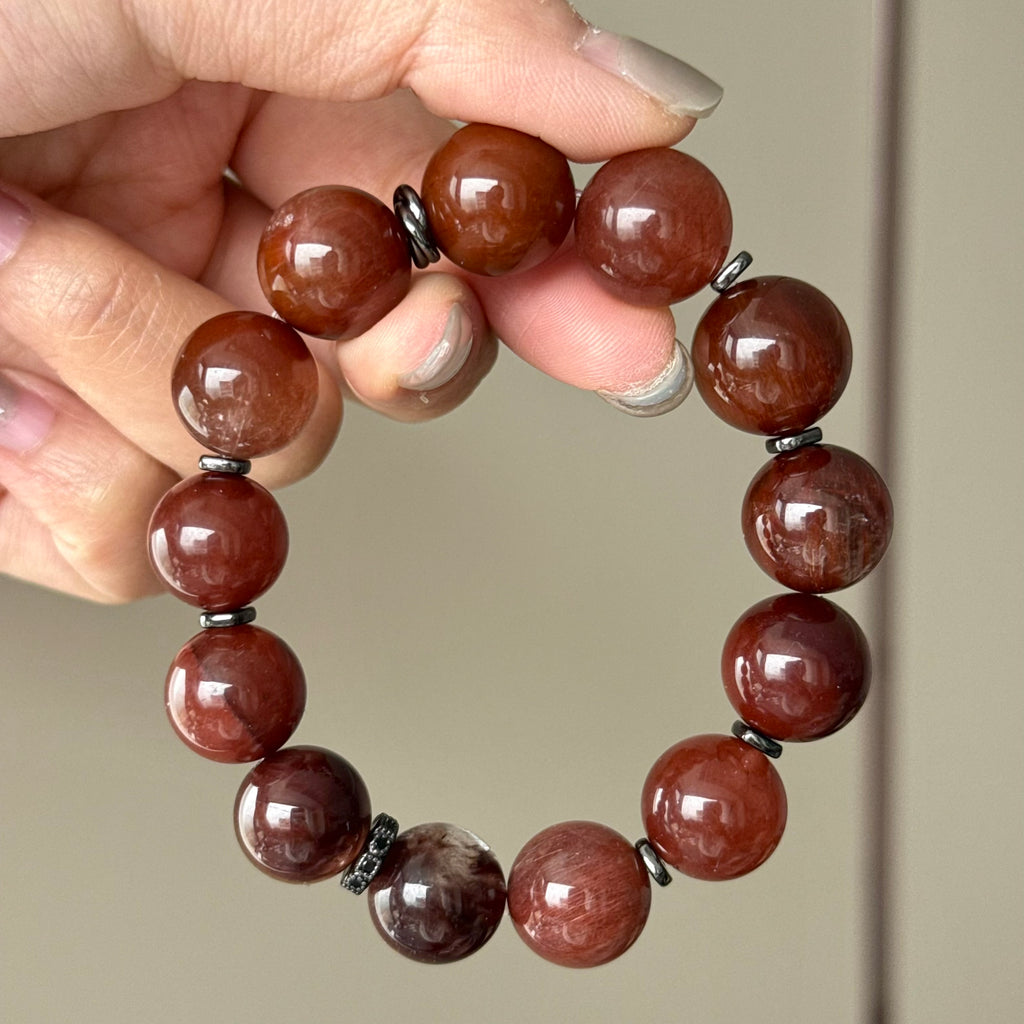 Rabbit Hair Quartz & Natural Jade Crystal Bracelet — natural character, One of a Kind
