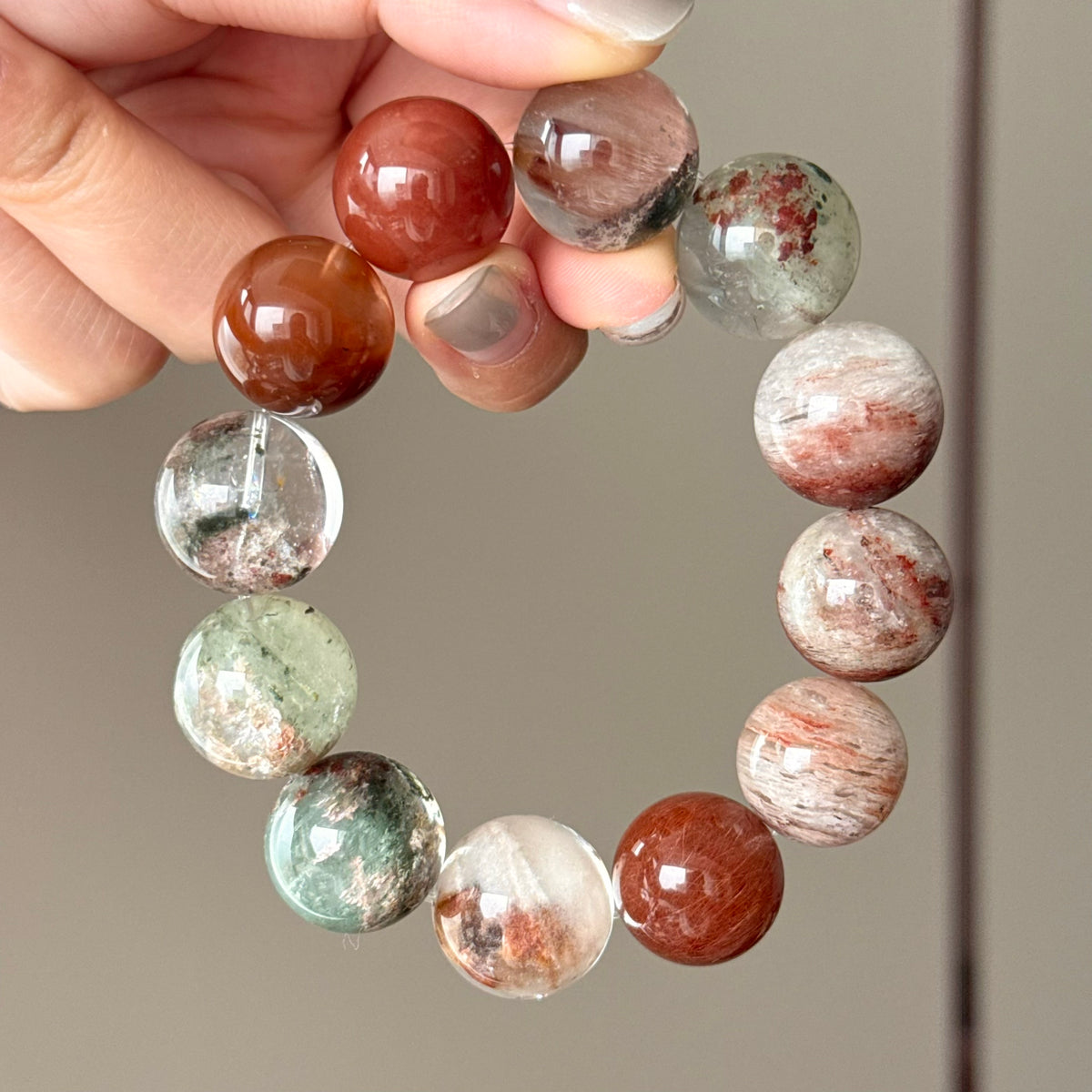 Rabbit Hair Quartz, Phantom Quartz & Jade Crystal Bracelet — quiet warmth, One of a Kind