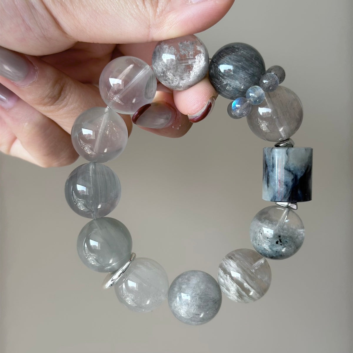 Rabbit Hair Quartz & Phantom Quartz Crystal Bracelet — quiet warmth, One of a Kind