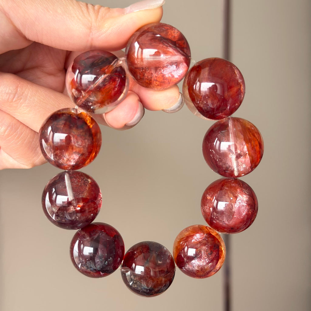 Imperial Red Flower Agate & Natural Jade Crystal Bracelet — quiet warmth, One of a Kind