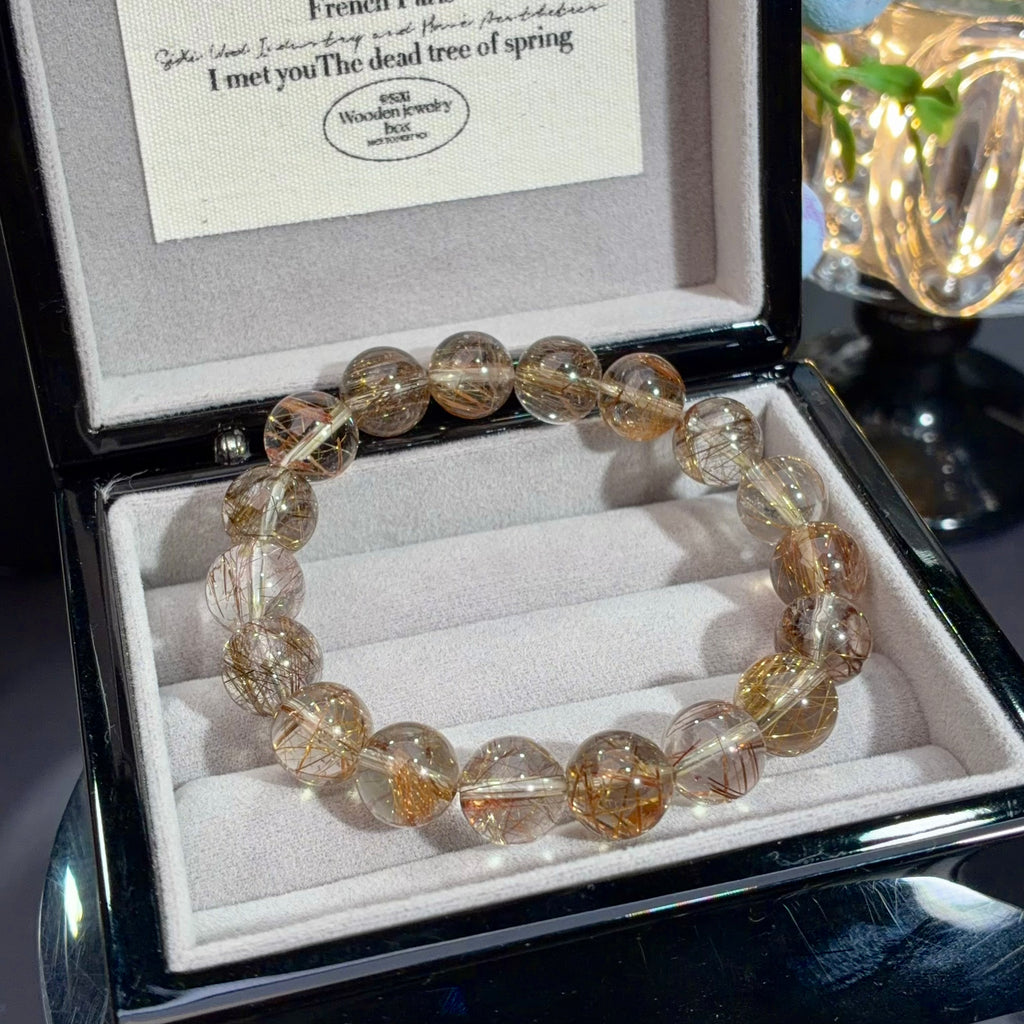 Copper Rutilated Quartz & Devil Silver Rutile Crystal Bracelet — natural character, One of a Kind