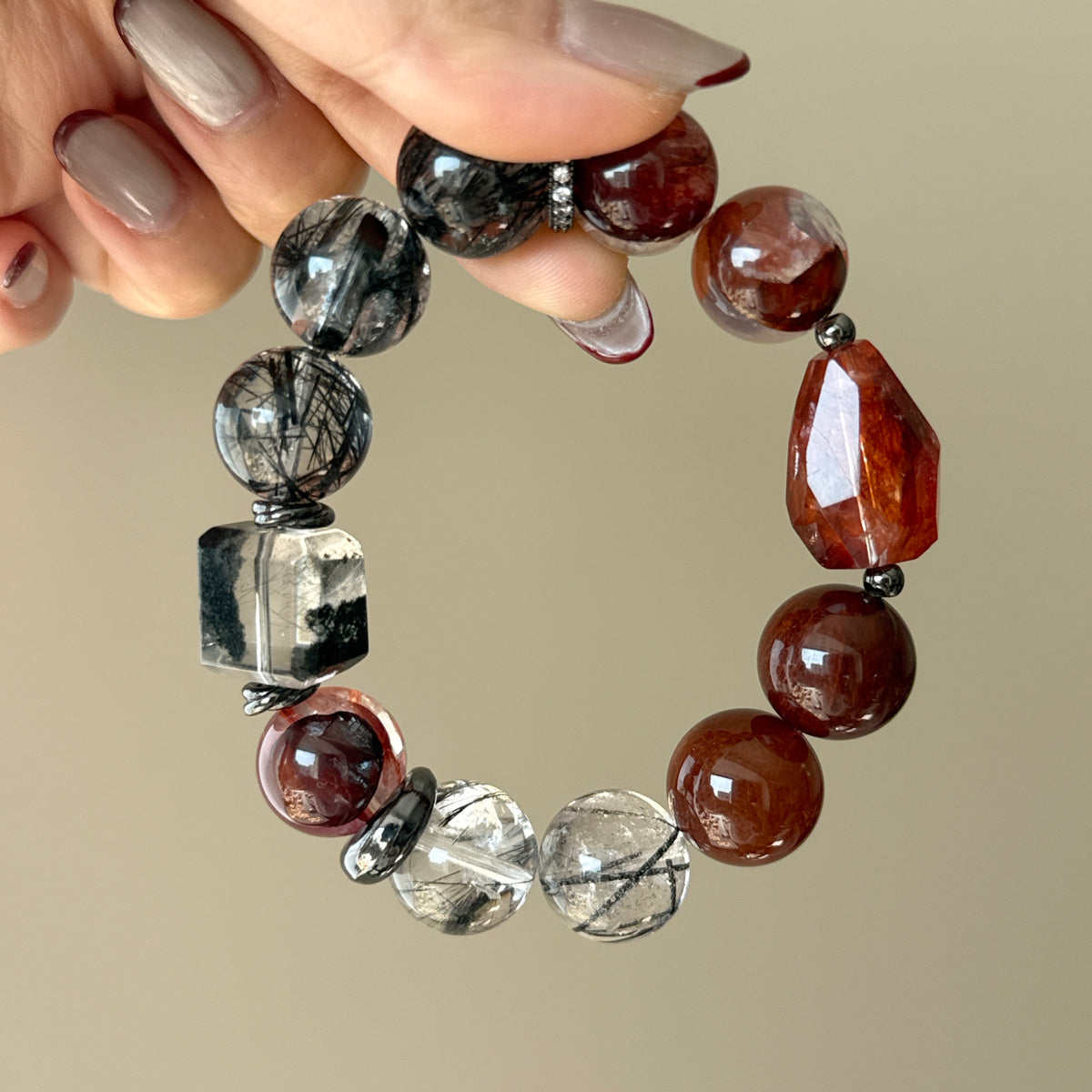 Rabbit Hair Quartz, Red Flower Agate & Black Rutilated Quartz Crystal Bracelet — quiet warmth, One of a Kind