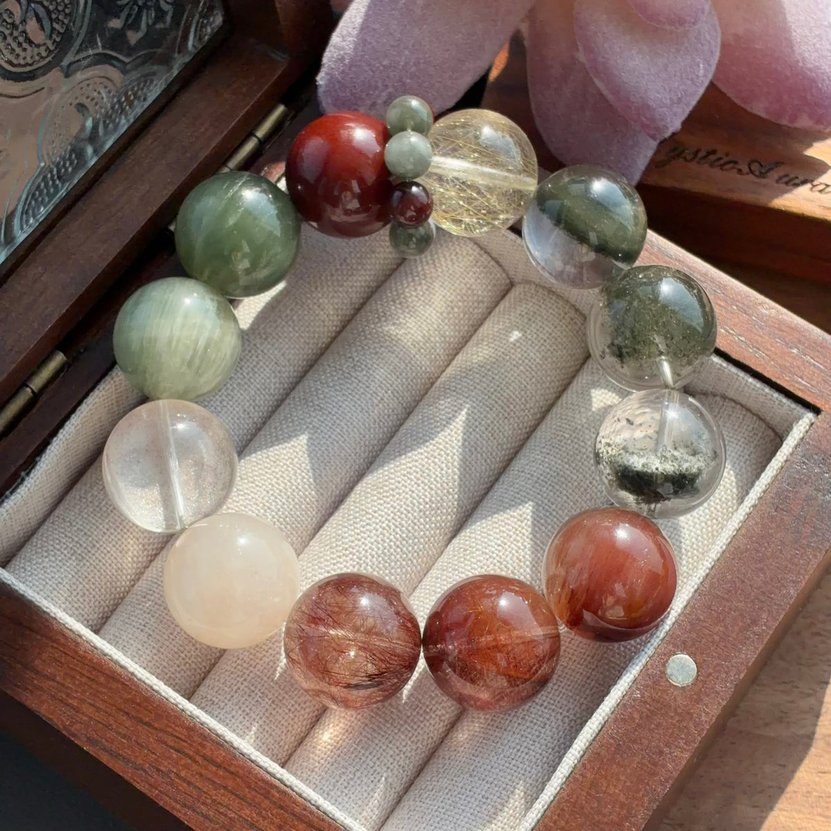 Rabbit Hair Quartz, Phantom Quartz & Tree Flower Agate Crystal Bracelet — quiet warmth, One of a Kind