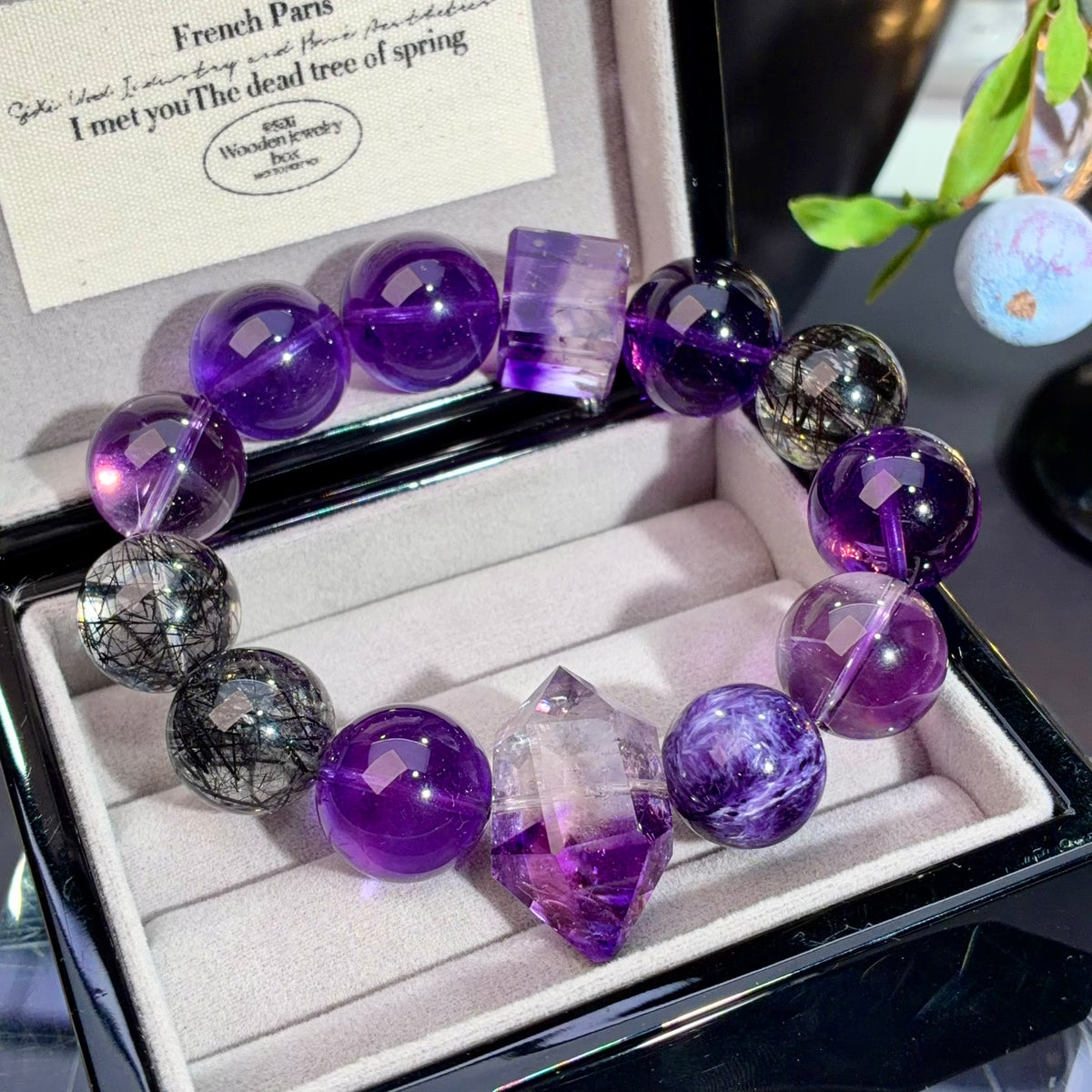 Super Seven, Brazilian Amethyst & Black Rutilated Quartz Crystal Bracelet — gentle glow, One of a Kind