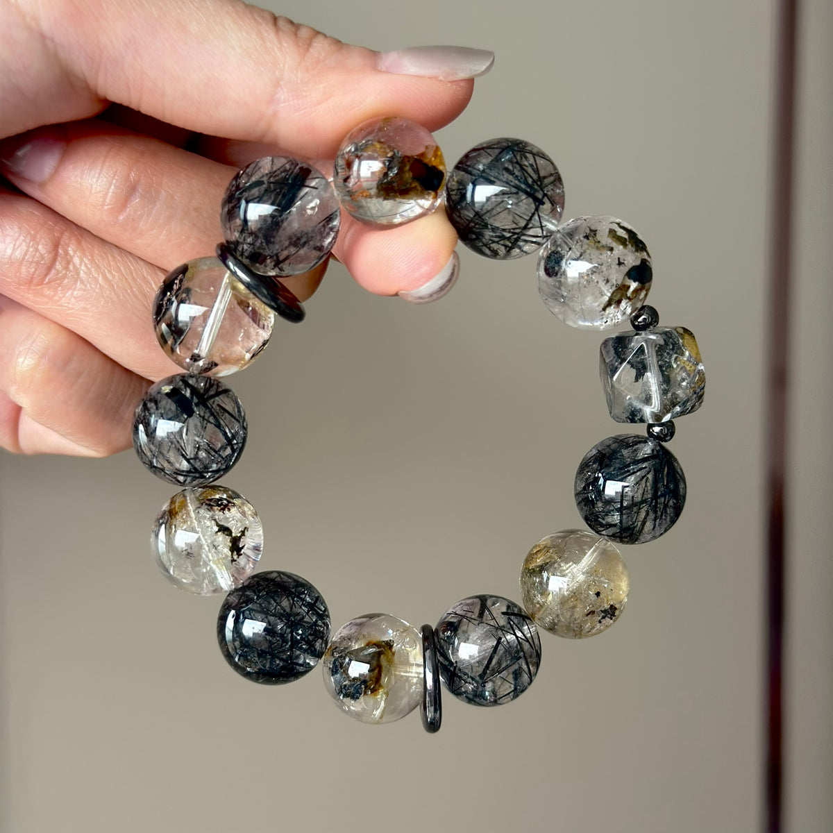 Black-Gold Auralite & Black Rutilated Quartz Crystal Bracelet — natural character, One of a Kind