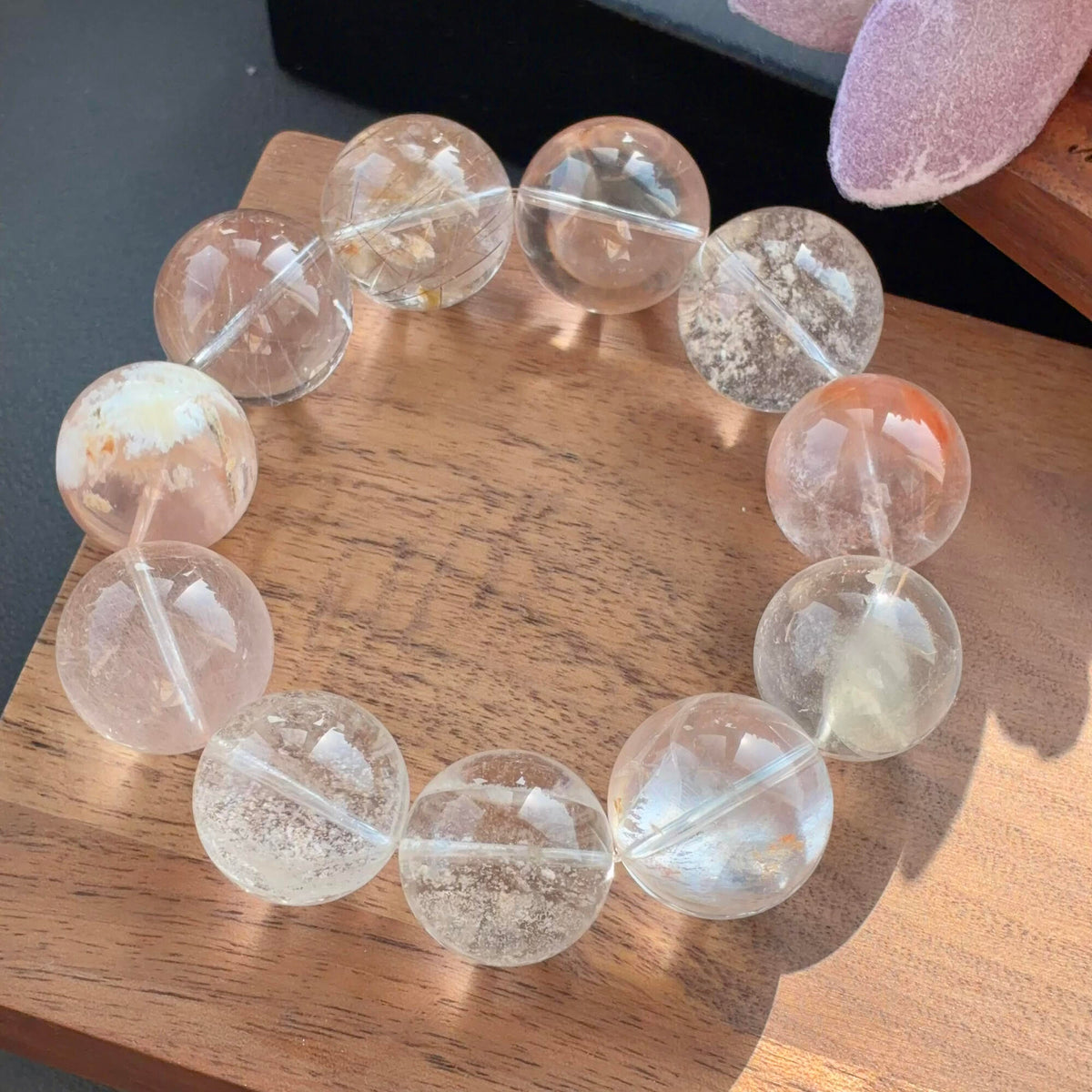 White Snowflake Phantom Quartz, Pink Phantom Quartz & Rabbit Hair Quartz Crystal Bracelet — quiet warmth, One of a Kind