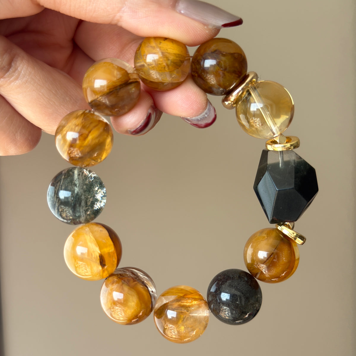 Yellow Flower Agate & Phantom Quartz Crystal Bracelet — quiet warmth, One of a Kind