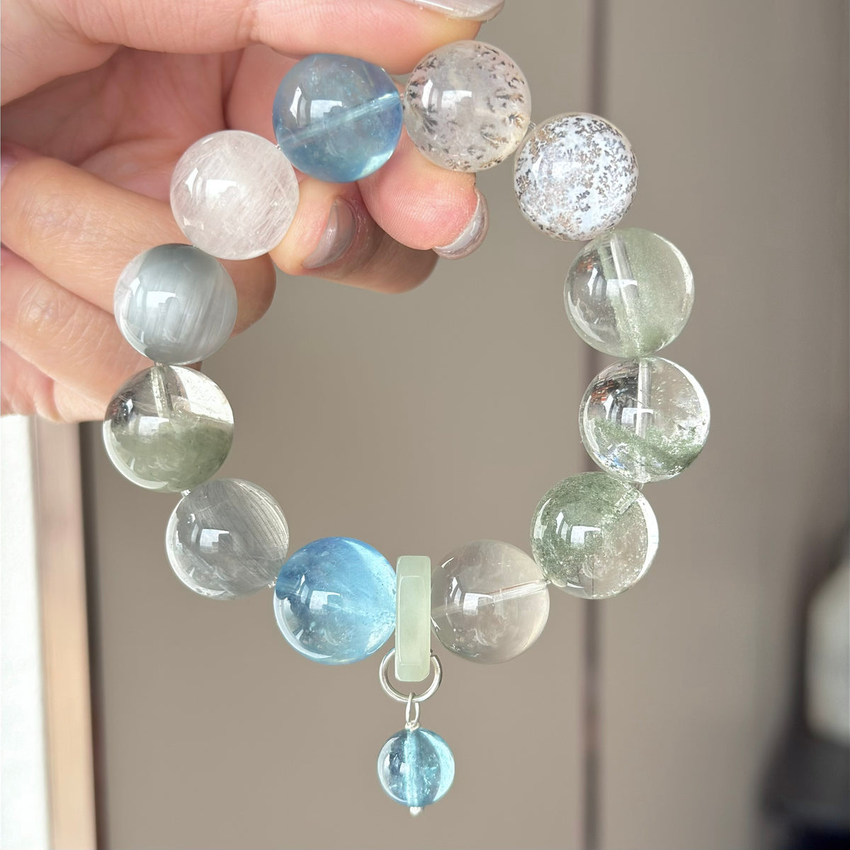 Tree Flower Agate & Phantom Quartz Crystal Bracelet — quiet warmth, One of a Kind