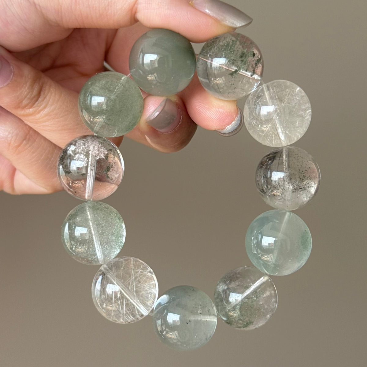 Phantom Quartz, Golden Rutilated Quartz & Rabbit Hair Quartz Crystal Bracelet — quiet warmth, One of a Kind