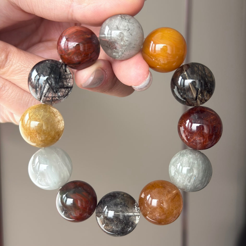 Multicolor Rabbit Hair Quartz & Phantom Quartz Crystal Bracelet — quiet warmth, One of a Kind
