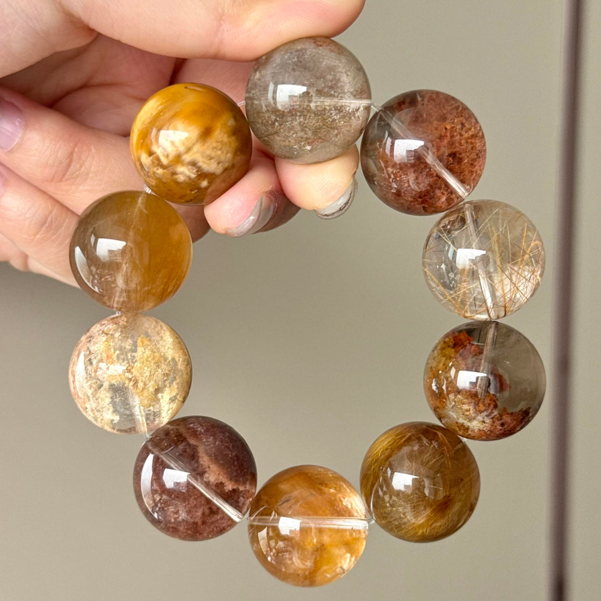 Phantom Quartz, Yellow Rabbit Hair Quartz & Jade Crystal Bracelet — quiet warmth, One of a Kind