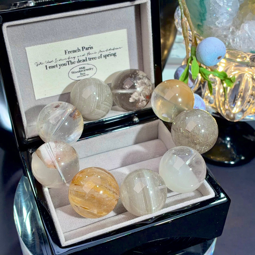 Yellow Rabbit Hair Quartz & Milk-Tea Grey Phantom Quartz Crystal Bracelet — quiet warmth, One of a Kind