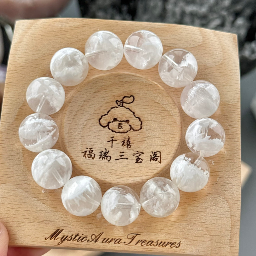 White Snowflake Phantom Quartz & Natural Jade Crystal Bracelet — quiet warmth, One of a Kind