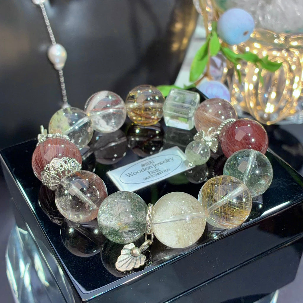 Rock-Candy Phantom Quartz & Multicolor Rabbit Hair Quartz Crystal Bracelet — quiet warmth, One of a Kind
