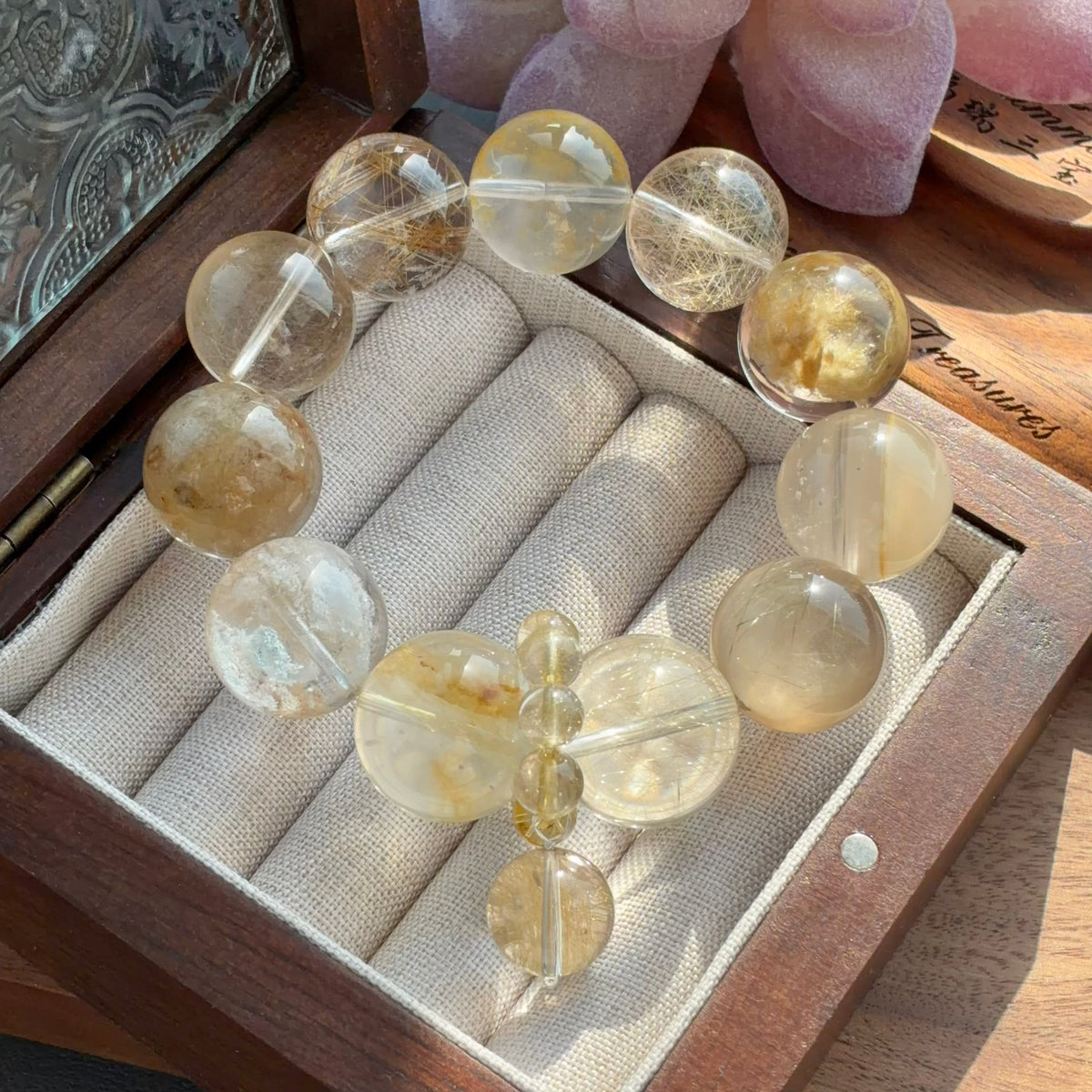 Yellow Rabbit Hair Quartz & Phantom Quartz Crystal Bracelet — quiet warmth, One of a Kind