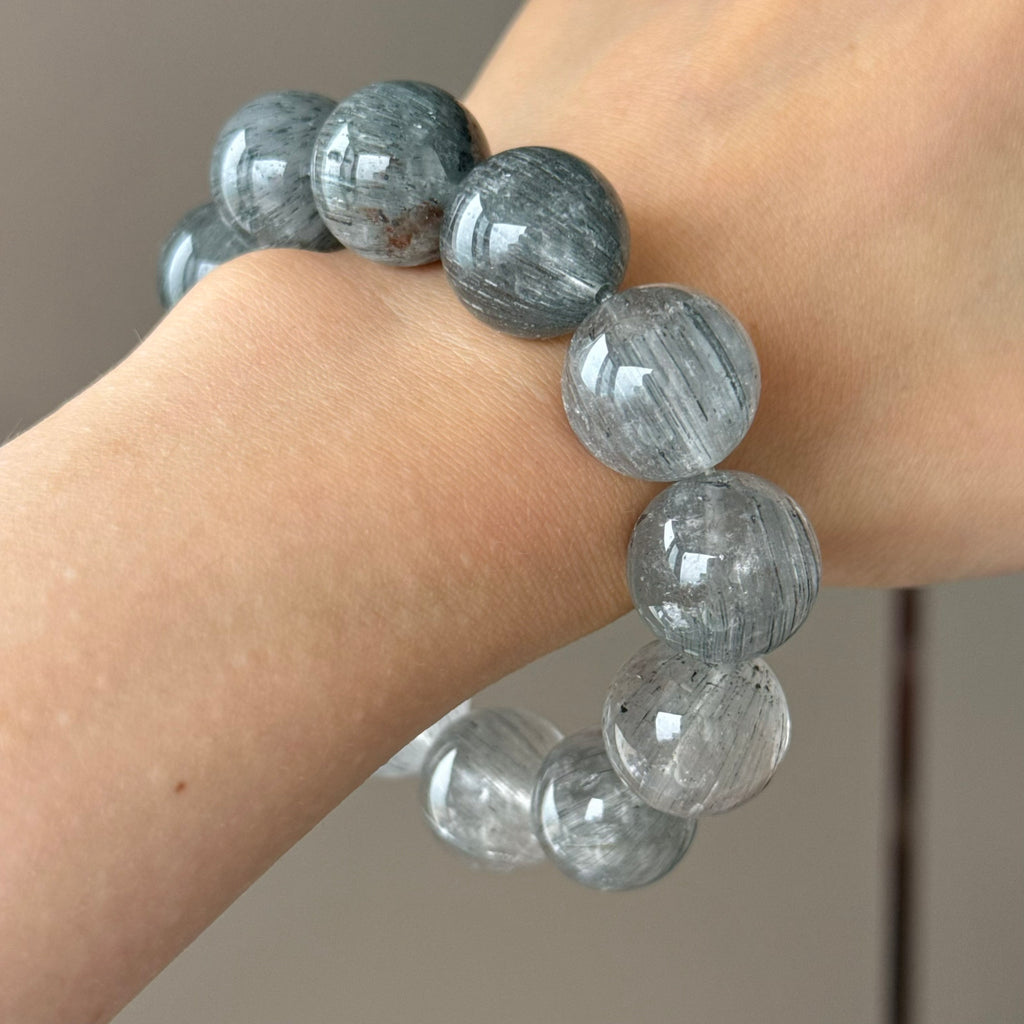 Rabbit Hair Quartz & Natural Jade Crystal Bracelet — natural character, One of a Kind
