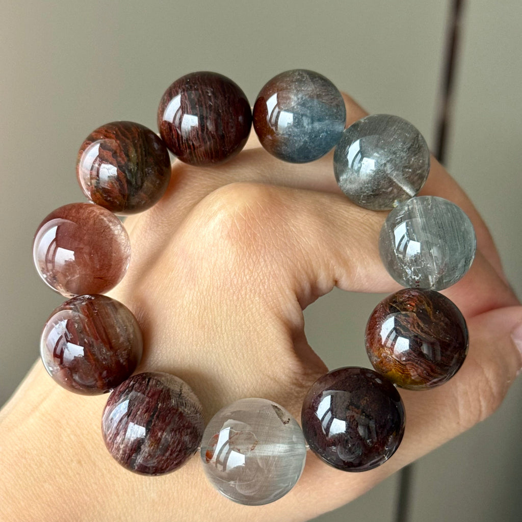 Phantom Quartz, Rabbit Hair Quartz & Natural Jade Crystal Bracelet — quiet warmth, One of a Kind