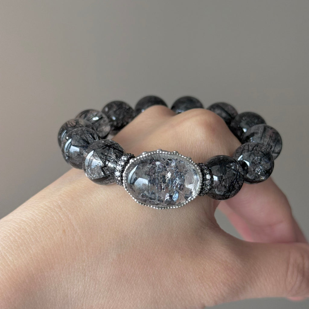 Black Rutilated Quartz Crystal Bracelet — natural character, One of a Kind