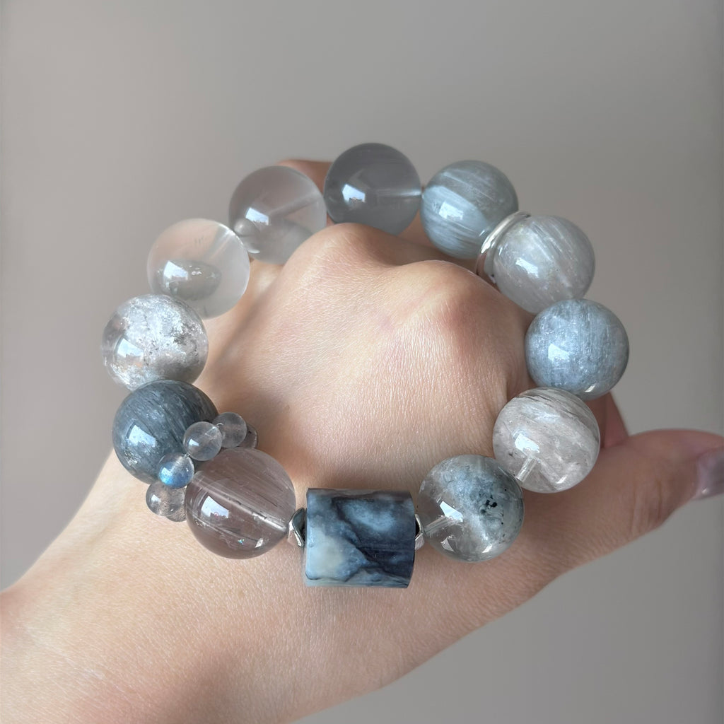 Rabbit Hair Quartz & Phantom Quartz Crystal Bracelet — quiet warmth, One of a Kind