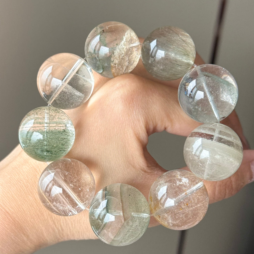 Phantom Quartz, Rutilated Quartz & Jade Crystal Bracelet — quiet warmth, One of a Kind