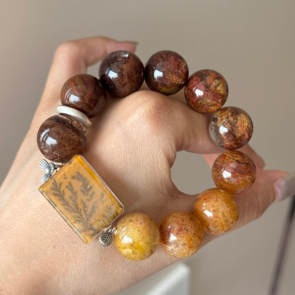Yellow Rabbit Hair Quartz, Rabbit Hair Quartz & Tree Flower Agate Crystal Bracelet — soft radiance, One of a Kind
