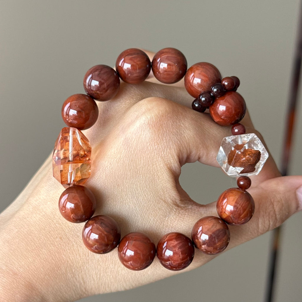 Rabbit Hair Quartz & Red Flower Agate Crystal Bracelet — quiet warmth, One of a Kind