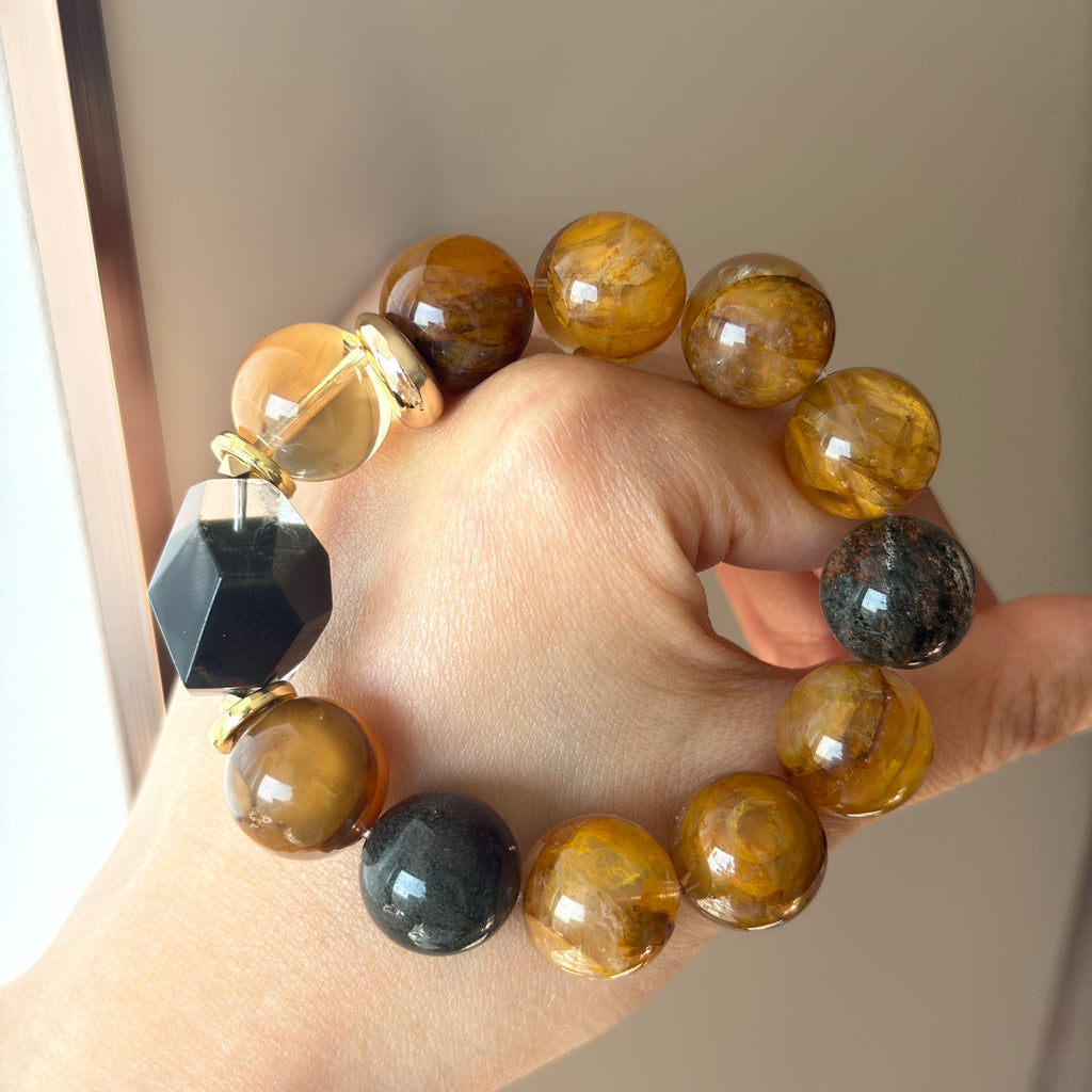 Yellow Flower Agate & Phantom Quartz Crystal Bracelet — quiet warmth, One of a Kind