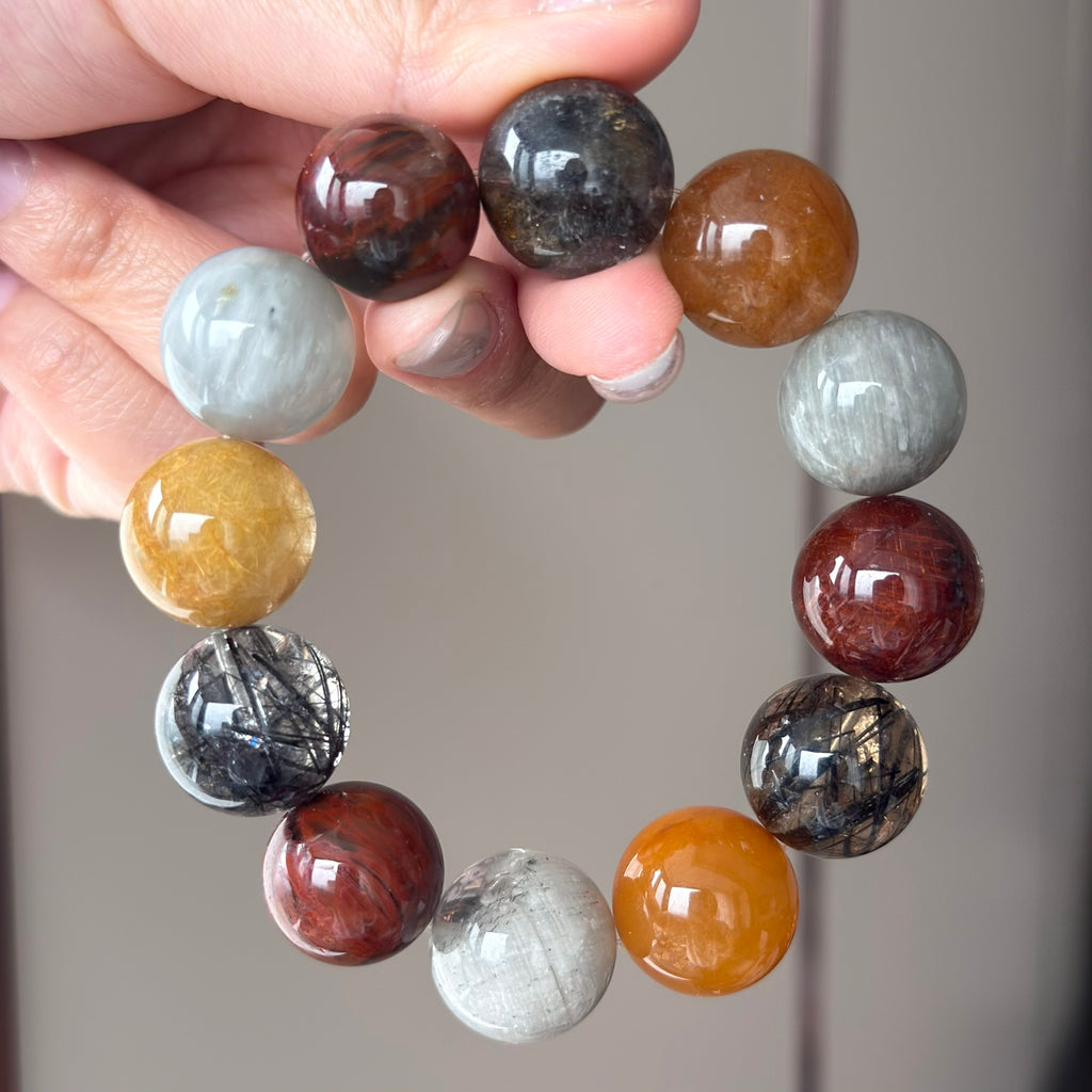 Multicolor Rabbit Hair Quartz & Phantom Quartz Crystal Bracelet — quiet warmth, One of a Kind